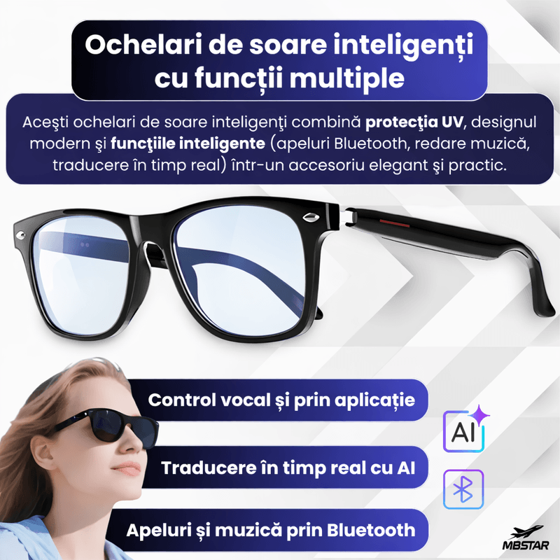 Laptop, Telefoane si Tablete - Wearables si gadgeturi - Gadgeturi - Accesorii SMART - Ochelari Inteligenti MBSTAR Bluetooth, Apeluri si Muzica, Control Tactil si Vocal, IPX6, Incarcare Wireless, Negri - Infinity.ro