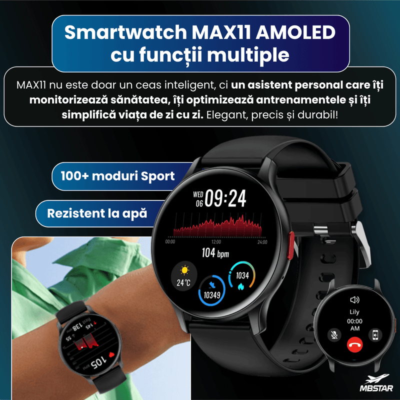 Laptop, Telefoane si Tablete - Wearables si gadgeturi - Wearables - Smartwatch-uri - Smartwatch MAX11 AMOLED,MBSTAR, Apeluri Bluetooth, Puls SpO2, 100+ Sporturi, IP68, Autonomie 7 Zile, Negru - Infinity.ro