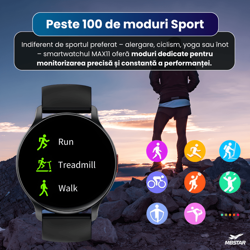 Laptop, Telefoane si Tablete - Wearables si gadgeturi - Wearables - Smartwatch-uri - Smartwatch MAX11 AMOLED,MBSTAR, Apeluri Bluetooth, Puls SpO2, 100+ Sporturi, IP68, Autonomie 7 Zile, Negru - Infinity.ro