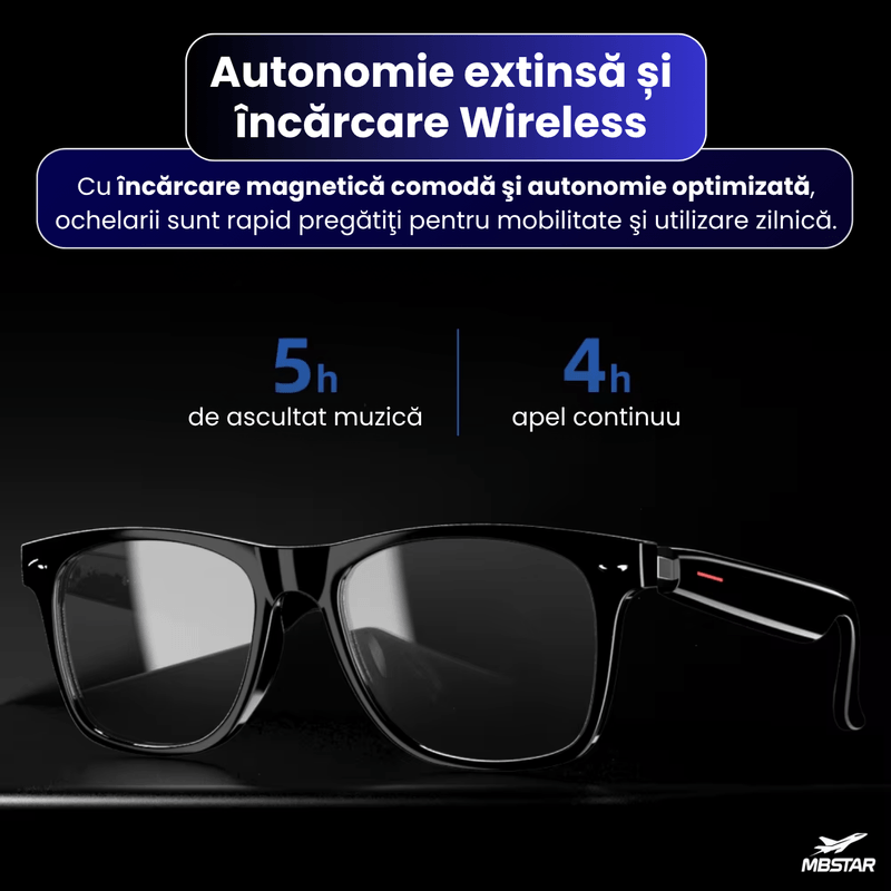 Laptop, Telefoane si Tablete - Wearables si gadgeturi - Gadgeturi - Accesorii SMART - Ochelari Smart Bluetooth cu Apeluri si Muzica MBSTAR, Control Tactil, Traducere AI, IPX6, Incarcare Wireless - Infinity.ro