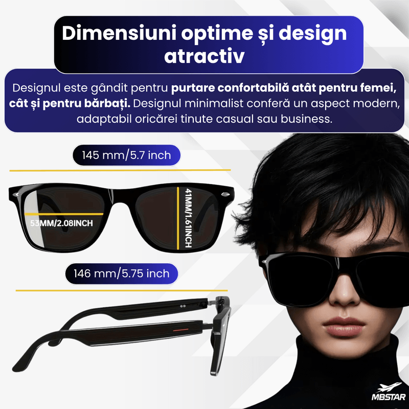 Laptop, Telefoane si Tablete - Wearables si gadgeturi - Gadgeturi - Accesorii SMART - Ochelari Smart Bluetooth cu Apeluri si Muzica MBSTAR, Control Tactil, Traducere AI, IPX6, Incarcare Wireless - Infinity.ro