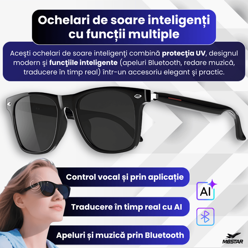 Laptop, Telefoane si Tablete - Wearables si gadgeturi - Gadgeturi - Accesorii SMART - Ochelari Smart Bluetooth cu Apeluri si Muzica MBSTAR, Control Tactil, Traducere AI, IPX6, Incarcare Wireless - Infinity.ro