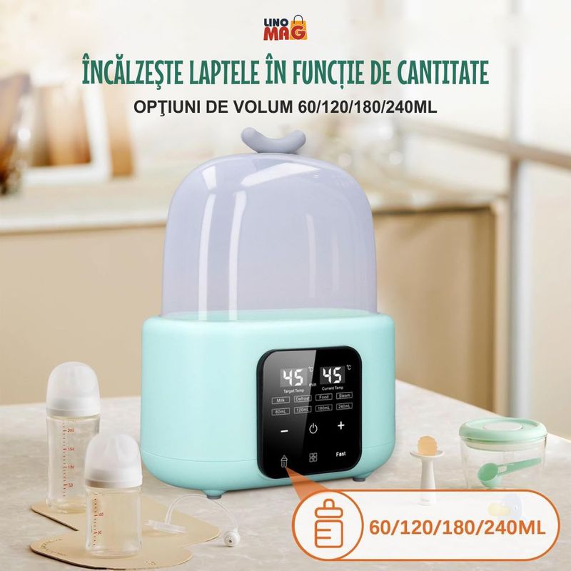 Jucarii, Copii si Bebe - Hrana si alaptare - Biberoane, suzete si accesorii hranire - Incalzitoare si termosuri bebe - Sterilizator si Incalzitor Biberoane 8-in-1, Linomag®, 240ml, Temperatura Reglabila 37-100°C, Ecran LCD, Verde pal - Infinity.ro