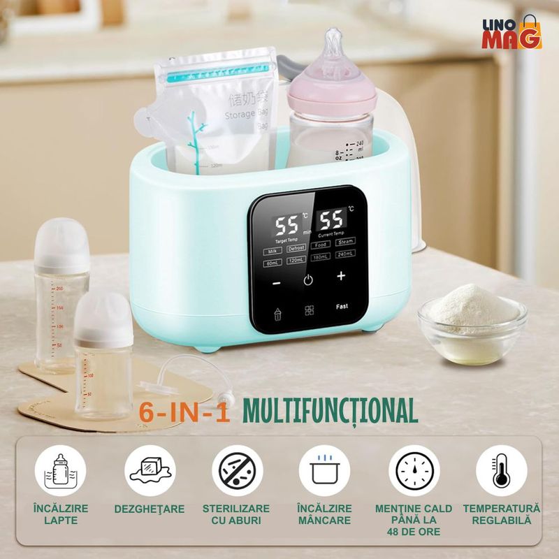 Jucarii, Copii si Bebe - Hrana si alaptare - Biberoane, suzete si accesorii hranire - Incalzitoare si termosuri bebe - Sterilizator si Incalzitor Biberoane 8-in-1, Linomag®, 240ml, Temperatura Reglabila 37-100°C, Ecran LCD, Verde pal - Infinity.ro