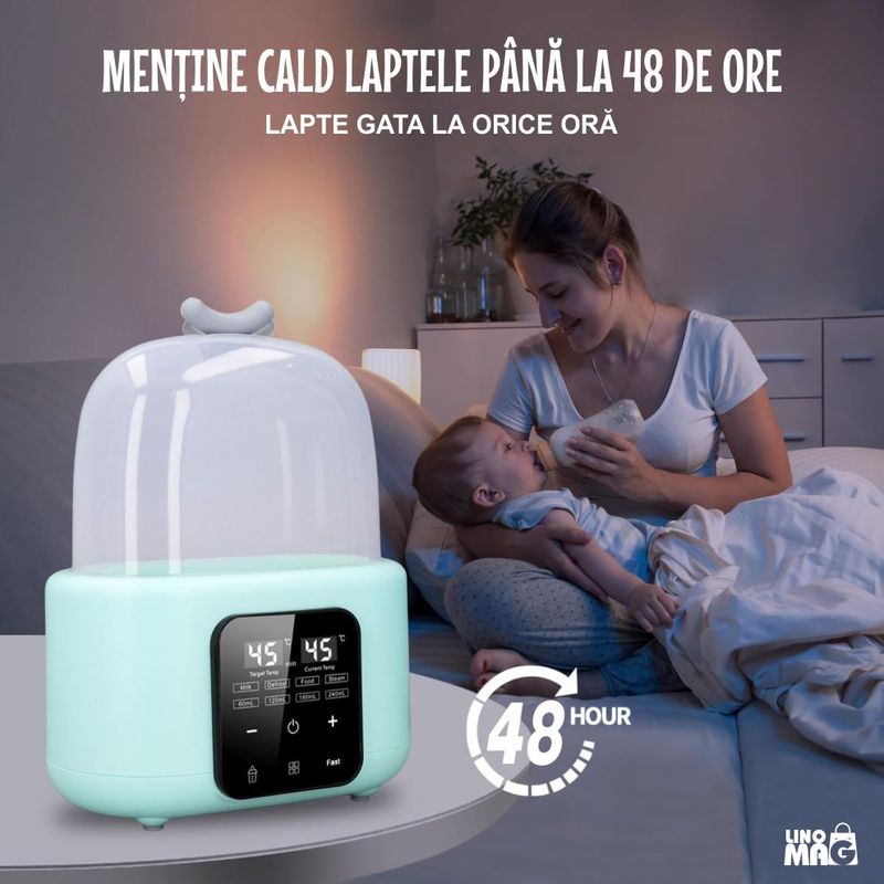 Jucarii, Copii si Bebe - Hrana si alaptare - Biberoane, suzete si accesorii hranire - Incalzitoare si termosuri bebe - Sterilizator si Incalzitor Biberoane 8-in-1, Linomag®, 240ml, Temperatura Reglabila 37-100°C, Ecran LCD, Verde pal - Infinity.ro