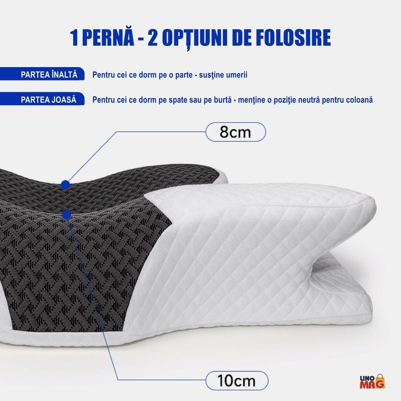 Casa si Gradina - Textile si covoare - Perne si pilote - Perne - Perna Ortopedica Cervicala  Linomag®, Spuma cu Memorie, Husa lavabila, Suport pentru gat, umeri si brate, Alb/Negru - Infinity.ro