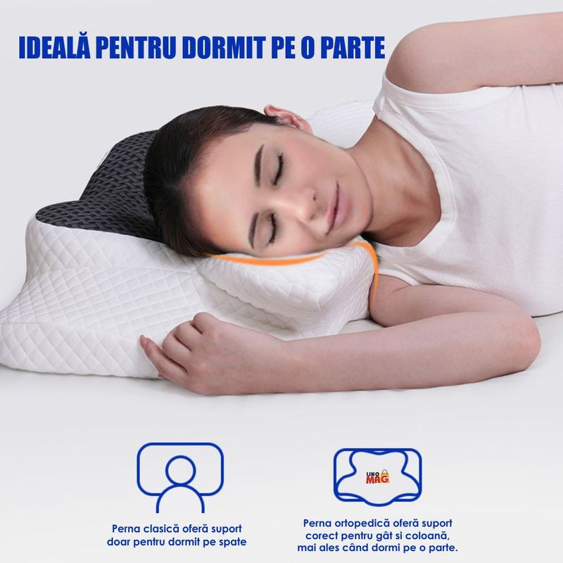 Casa si Gradina - Textile si covoare - Perne si pilote - Perne - Perna Ortopedica Cervicala  Linomag®, Spuma cu Memorie, Husa lavabila, Suport pentru gat, umeri si brate, Alb/Negru - Infinity.ro