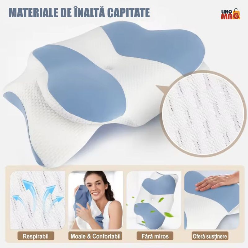 Casa si Gradina - Textile si covoare - Perne si pilote - Perne - Perna Ortopedica Cervicala Linomag®, Spuma cu Memorie,  Suport pentru cap, gat, umeri si brate, Alb/Albastru pastel - Infinity.ro