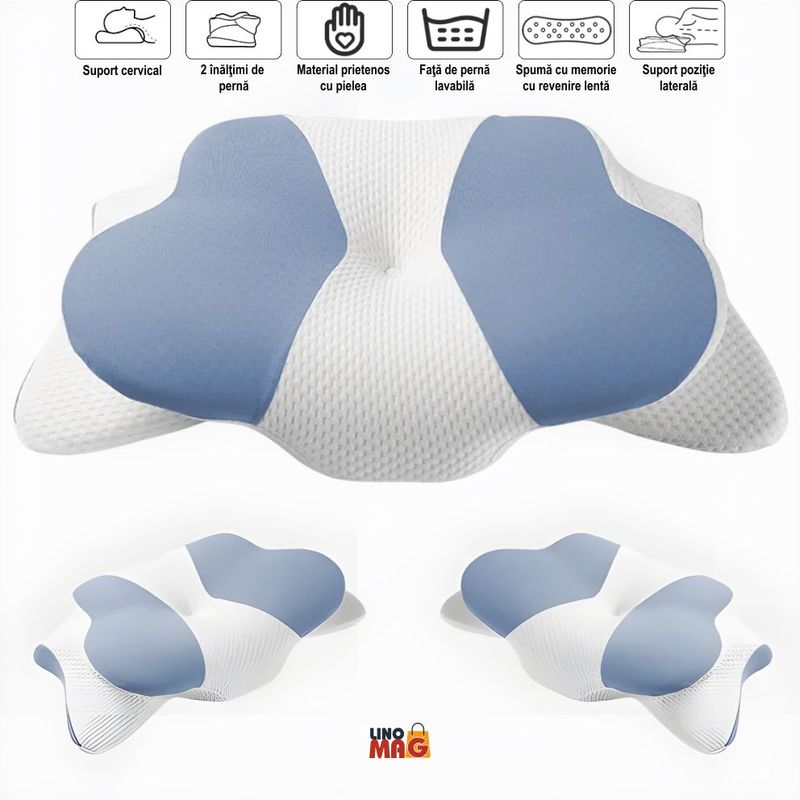 Casa si Gradina - Textile si covoare - Perne si pilote - Perne - Perna Ortopedica Cervicala Linomag®, Spuma cu Memorie,  Suport pentru cap, gat, umeri si brate, Alb/Albastru pastel - Infinity.ro