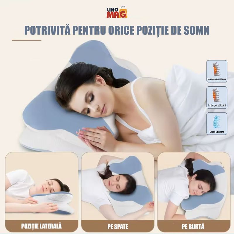 Casa si Gradina - Textile si covoare - Perne si pilote - Perne - Perna Ortopedica Cervicala Linomag®, Spuma cu Memorie,  Suport pentru cap, gat, umeri si brate, Alb/Albastru pastel - Infinity.ro