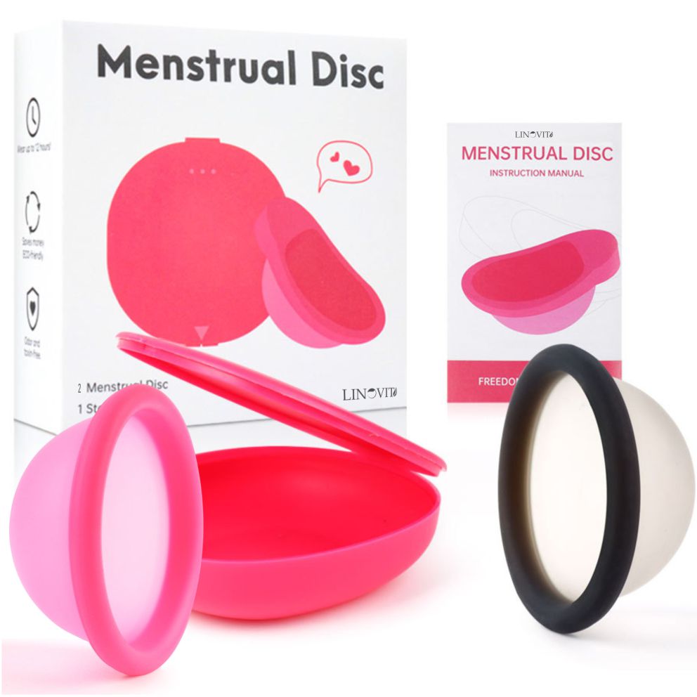 Set 2 Discuri Menstruale Reutilizabile + Cutie de Depozitare, Linovit®, Silicon de Uz Medical, Marime S, Roz/Negru - S