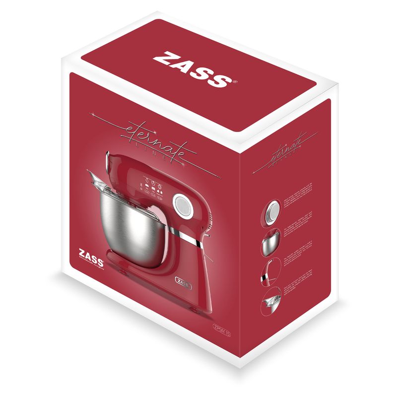 Electronice si Electrocasnice - Electrocasnice bucatarie - Mixere, tocatoare & roboti de bucatarie - Mixere - Mixer planetar Zass ZPSM 15 Scarlet Sage, 1000W, bol inox 5L, 12 viteze, functie Pulse, accesorii incluse - Infinity.ro