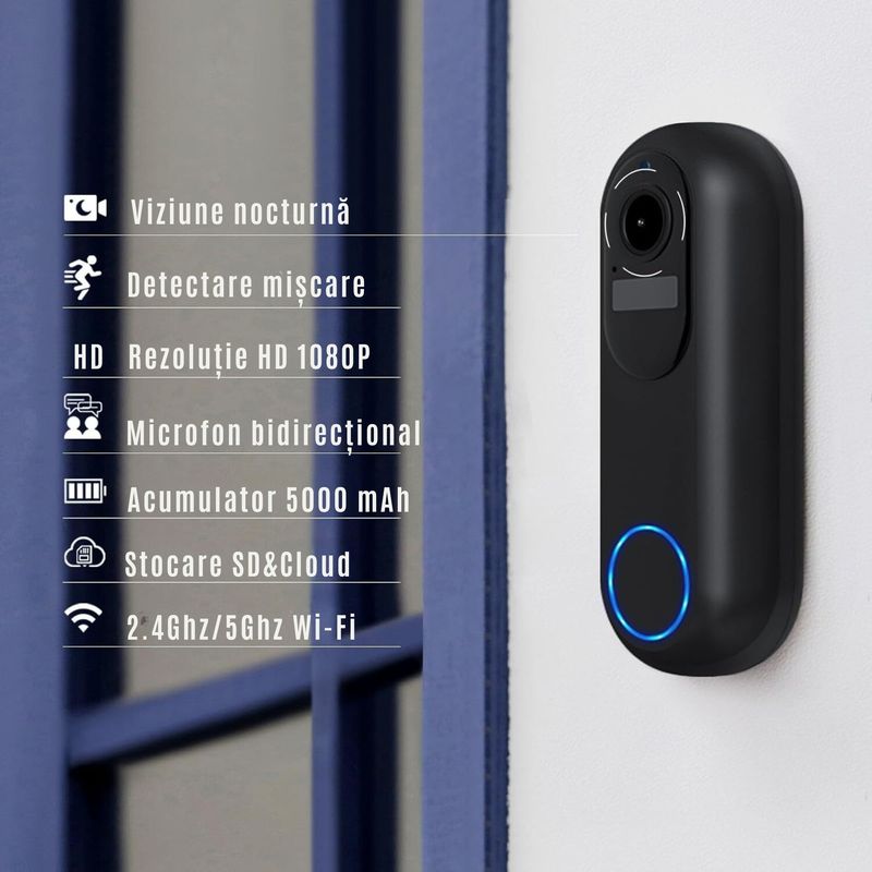 Casa si Gradina - Electrice - Accesorii electrice - Sonerii electrice - Sonerie Video Wireless CZAY®, 5G, Smart, Microfon Bidirectional, Detectie Miscare, 1080P Full HD Infrarosu Night Vision - Infinity.ro