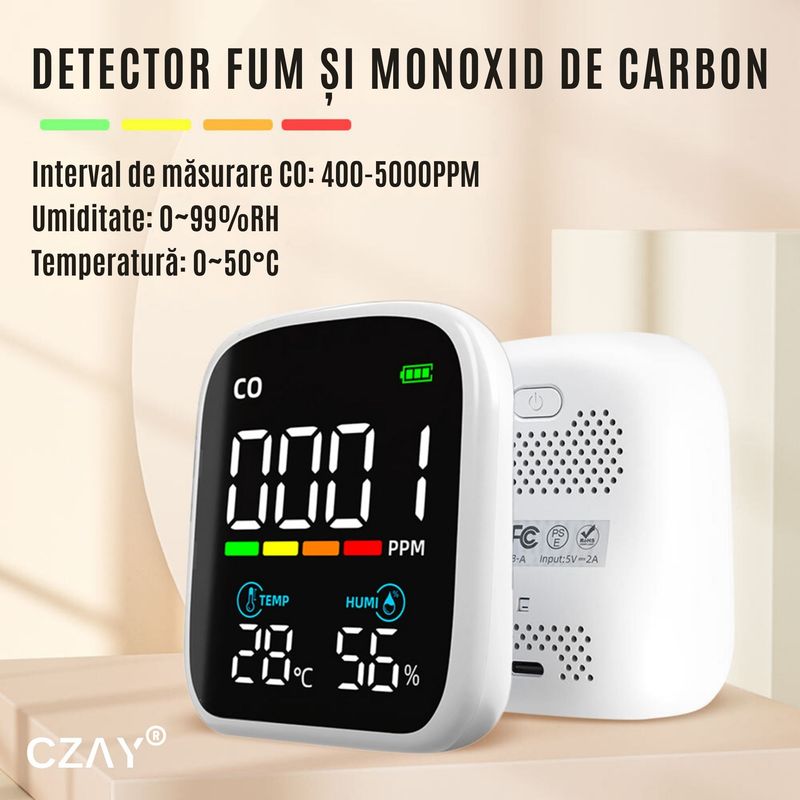 Casa si Gradina - Electrice - Smart Home - Centrale si module smart home - Detector Fum WIFI CZAY®, Senzor CO Monoxid de Carbon, Smart, Alarma Sonora, Wireless, Temperatura si Umiditate, 1200 mAh - Infinity.ro