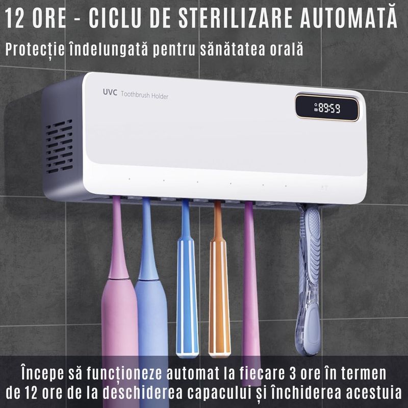 Ingrijire personala si Cosmetice - Igiena dentara - Rezerve si accesorii - Suport Periute Dinti CZAY®, Sterilizator UV, Uscare Automata, Lumina Ambientala, Protectie Impotriva Iradiereii, 7 fante - Infinity.ro