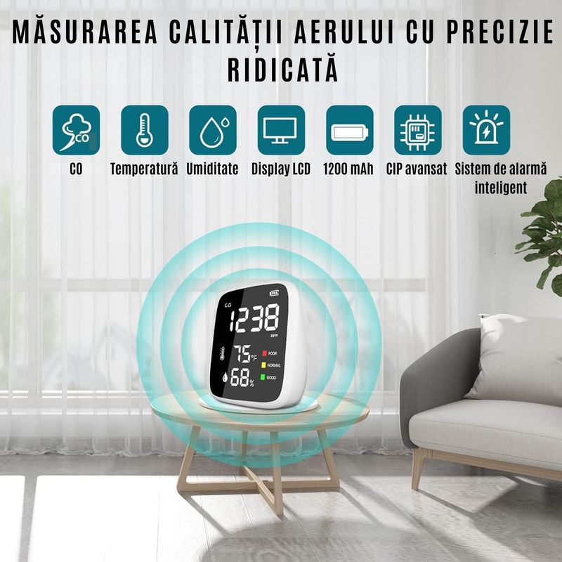 Casa si Gradina - Electrice - Smart Home - Centrale si module smart home - Detector Fum WIFI CZAY®, Senzor CO Monoxid de Carbon, Smart, Alarma Sonora, Wireless, Temperatura si Umiditate, 1200 mAh - Infinity.ro