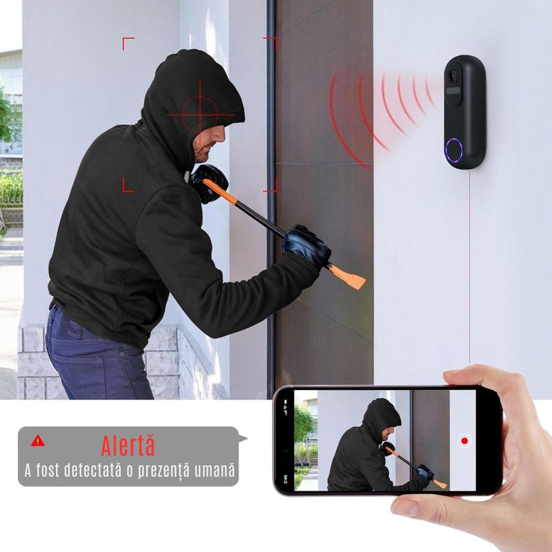 Casa si Gradina - Electrice - Accesorii electrice - Sonerii electrice - Sonerie Video Wireless CZAY®, 5G, Smart, Microfon Bidirectional, Detectie Miscare, 1080P Full HD Infrarosu Night Vision - Infinity.ro