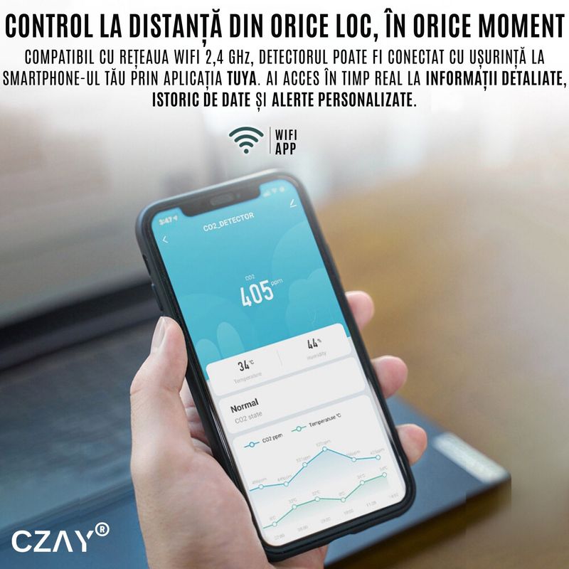 Casa si Gradina - Electrice - Smart Home - Centrale si module smart home - Detector Fum WIFI CZAY®, Senzor CO Monoxid de Carbon, Smart, Alarma Sonora, Wireless, Temperatura si Umiditate, 1200 mAh - Infinity.ro