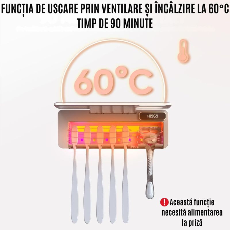 Ingrijire personala si Cosmetice - Igiena dentara - Rezerve si accesorii - Suport Periute Dinti CZAY®, Sterilizator UV, Uscare Automata, Lumina Ambientala, Protectie Impotriva Iradiereii, 7 fante - Infinity.ro