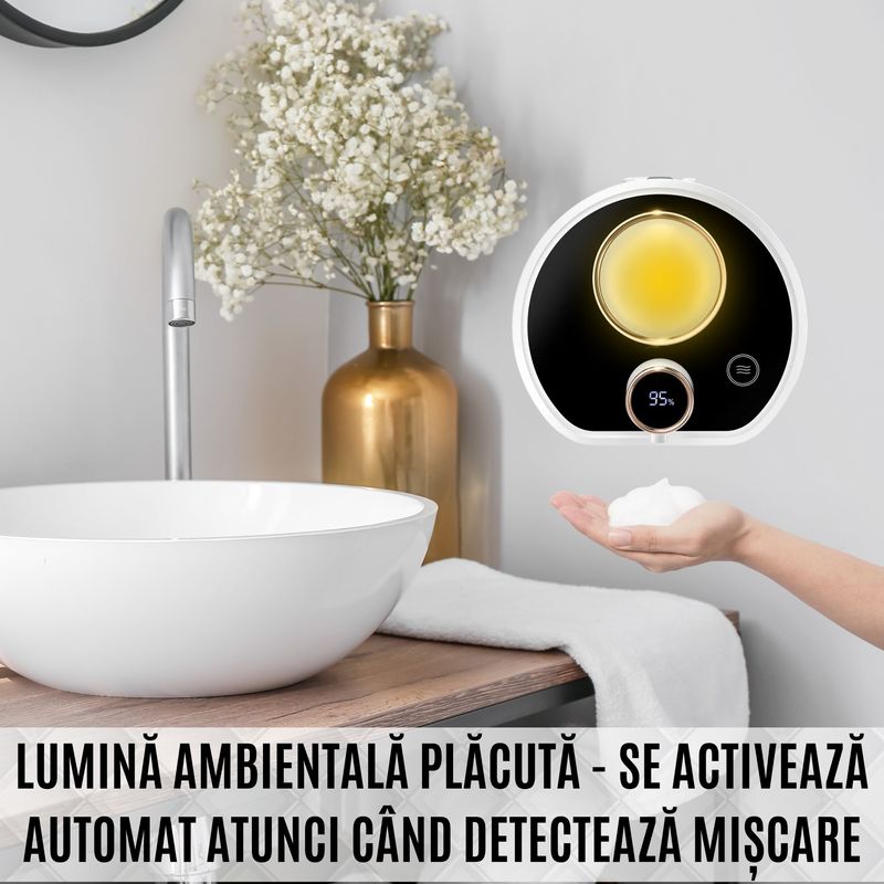 Casa si Gradina - Sanitare - Suporturi si accesorii baie - Dispensere - Dispenser Sapun Lichid Spuma CZAY®, Dozator cu Senzor, Baie, Lumina Ambientala, Fara Atingere, Prindere Perete, Fara fir - Infinity.ro