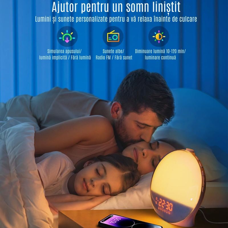 Casa si Gradina - Corpuri si surse de iluminat - Veioze si lampi - Lampi de veghe copii - Dispozitiv Sunete Albe Bebelusi CZAY®, Ceas Desteptator WIFI, SmartApp, Control Voce, Lampa Veghe, Radio, Simulare Apus - Infinity.ro