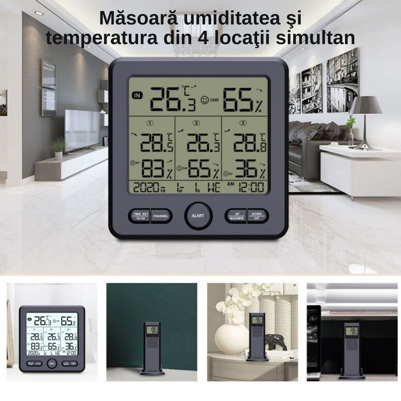 TV, Audio-Video si Foto - Optica, astronomie si metrologie - Meteorologie - Termometre Meteo - Termometru Higrometru Digital de Camera CZAY®, Monitorizeaza 4 Locatii, Interior/ Exterior, Alerte, Raza Actiune 100 m - Infinity.ro