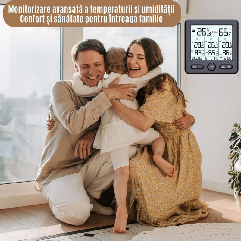 TV, Audio-Video si Foto - Optica, astronomie si metrologie - Meteorologie - Termometre Meteo - Termometru Higrometru Digital de Camera CZAY®, Monitorizeaza 4 Locatii, Interior/ Exterior, Alerte, Raza Actiune 100 m - Infinity.ro