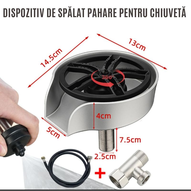 Casa si Gradina - Sanitare - Chiuveta bucatarie si accesorii - Accesorii chiuvete - Dispozitiv Spalare si Clatire Pahare CZAY® Chiuveta, Furtun Detasabil 80 cm cu Presiune, Rinser Rotire Automata la 360º - Infinity.ro