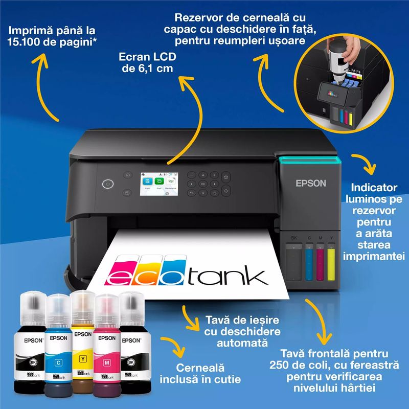 PC, gaming si accesorii - Imprimante, scanere & consumabile - Imprimante - Imprimante si multifunctionale - Multifunctional inkjet color CISS Epson EcoTank L6360, A4, Duplex, Wi-Fi, 4800x1200dpi, negru - Infinity.ro