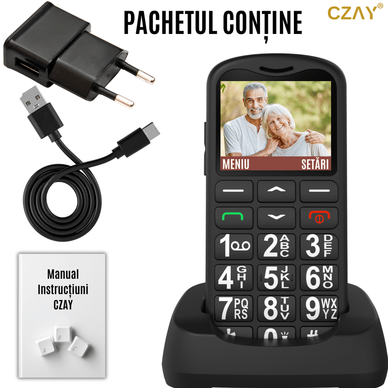 Laptop, Telefoane si Tablete - Telefoane mobile si accesorii - Telefoane Mobile - Telefon Mobil pentru Seniori CZAY®, Meniu Romana si Maghiara, Butoane Mari, Autonomie 7 Zile, Volum Mare, Buton SOS, 2G - Infinity.ro