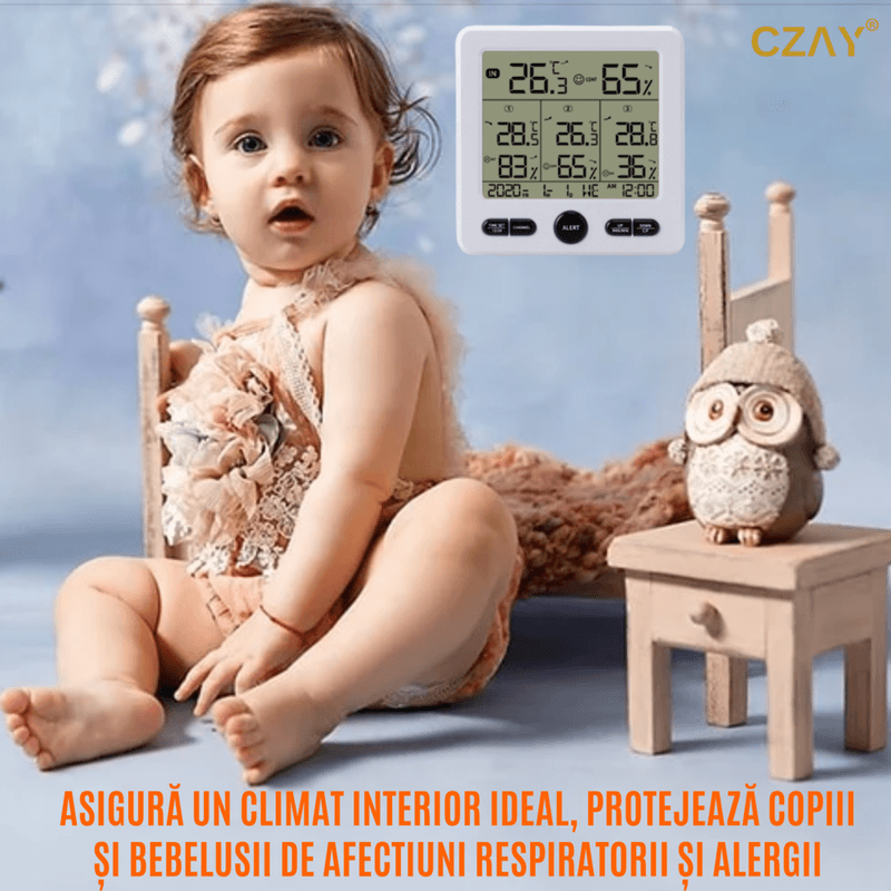 TV, Audio-Video si Foto - Optica, astronomie si metrologie - Meteorologie - Termometre Meteo - Termometru Higrometru Digital de Camera CZAY®, Monitorizeaza 4 Locatii, Interior/ Exterior, Alerte, Actiune 100 m, Alb - Infinity.ro