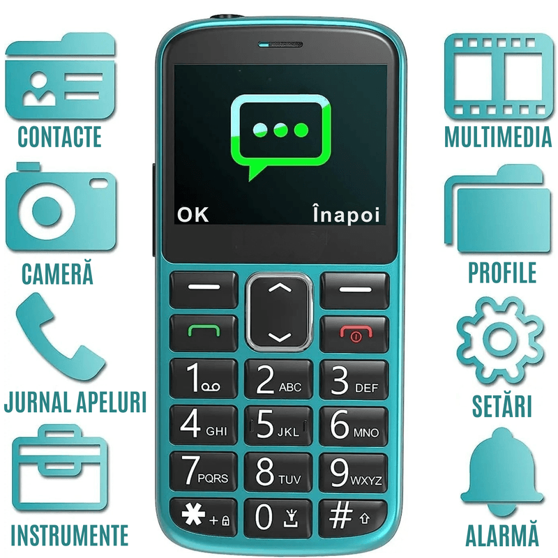 Laptop, Telefoane si Tablete - Telefoane mobile si accesorii - Telefoane Mobile - Telefon Mobil Seniori CZAY® cu Taste Mari, Meniu Romana si Maghiara,Ecran Mare,Camera Foto,Volum Puternic,Turcoaz,2G - Infinity.ro