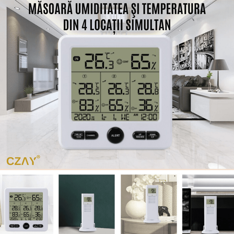 TV, Audio-Video si Foto - Optica, astronomie si metrologie - Meteorologie - Termometre Meteo - Termometru Higrometru Digital de Camera CZAY®, Monitorizeaza 4 Locatii, Interior/ Exterior, Alerte, Actiune 100 m, Alb - Infinity.ro