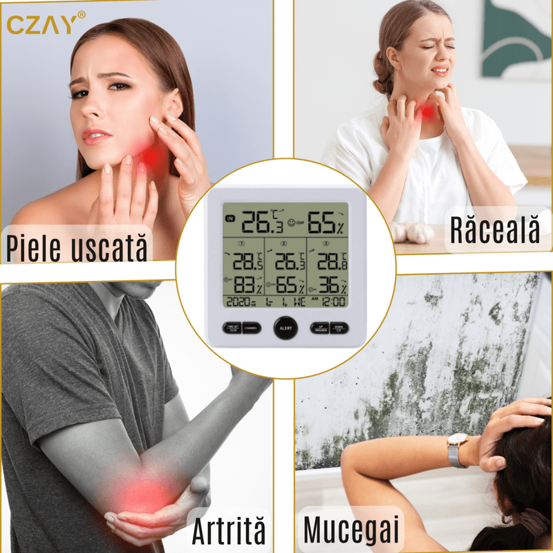 TV, Audio-Video si Foto - Optica, astronomie si metrologie - Meteorologie - Termometre Meteo - Termometru Higrometru Digital de Camera CZAY®, Monitorizeaza 4 Locatii, Interior/ Exterior, Alerte, Actiune 100 m, Alb - Infinity.ro