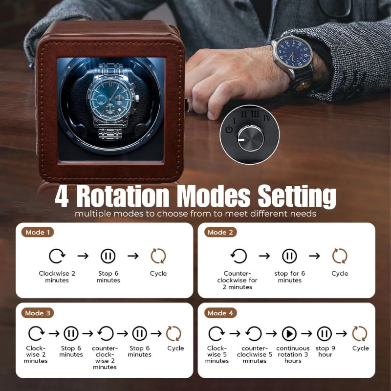 Fashion, accesorii si bijuterii - Barbati - Bijuterii barbati - Ceasuri barbati - Cutie intors ceas automatic iUni, Watch Winder, Piele ecologica, Maro - Infinity.ro