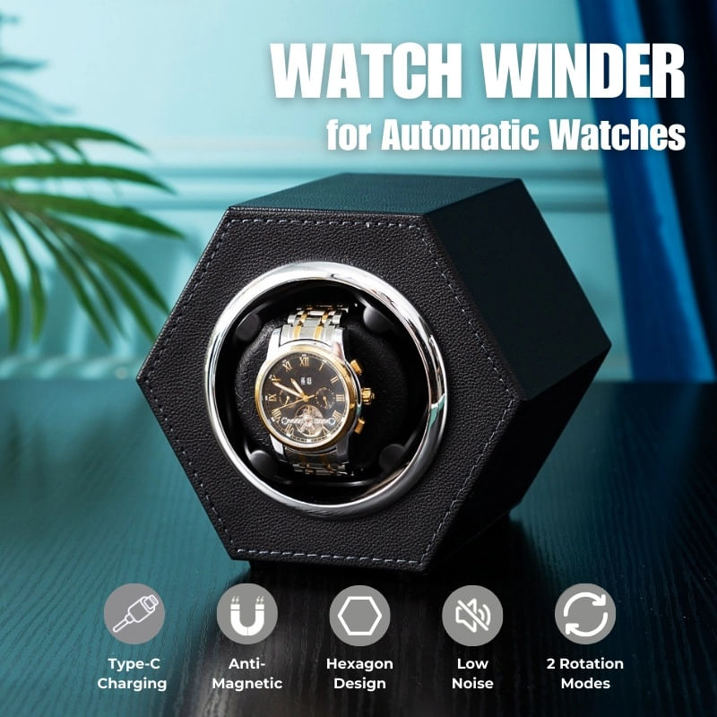 Fashion, accesorii si bijuterii - Barbati - Bijuterii barbati - Ceasuri barbati - Cutie intors ceas automat iUni, Watch Winder, Piele ecologica, Negru - Infinity.ro