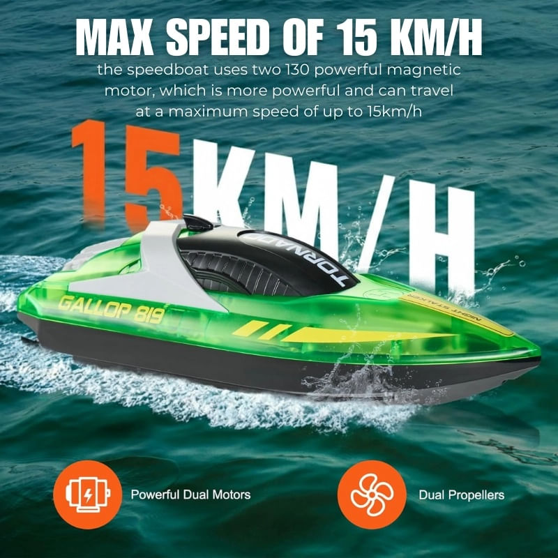 Jucarii, Copii si Bebe - Jucarii si jocuri - Vehicule si jucarii cu telecomanda - Barci cu telecomanda - Barca cu telecomanda iUni HJ819, RC High-Speed Boat, Viteza 15 km/h, 2.4GHz, Verde - Infinity.ro