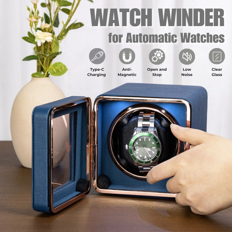 Fashion, accesorii si bijuterii - Barbati - Bijuterii barbati - Ceasuri barbati - Cutie intors ceas automatic iUni, Watch Winder, Piele ecologica, Albastru - Infinity.ro