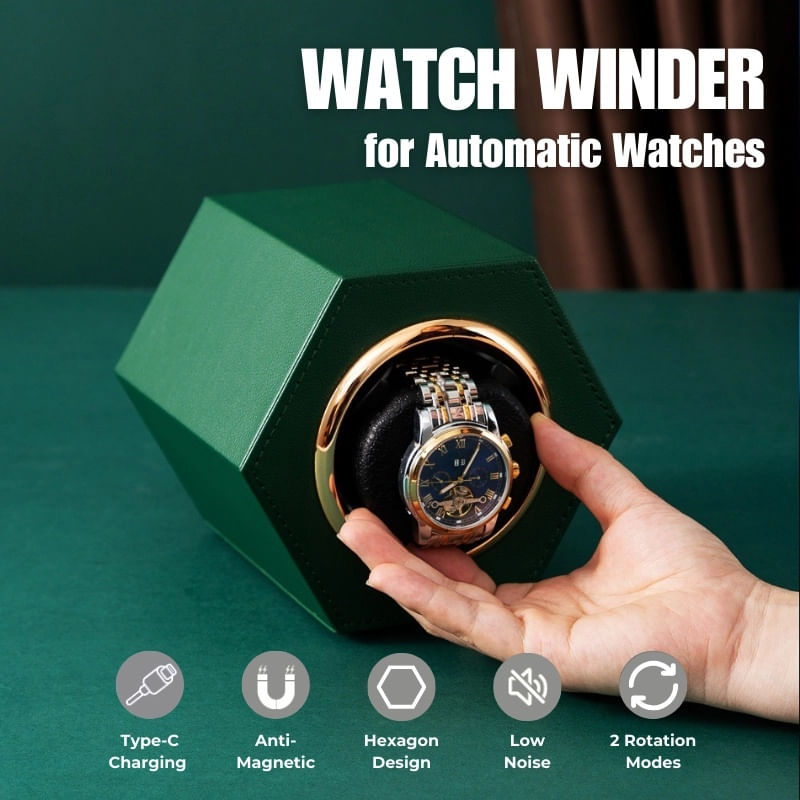 Fashion, accesorii si bijuterii - Barbati - Bijuterii barbati - Ceasuri barbati - Cutie intors ceas automat iUni, Watch Winder, Piele ecologica, Verde - Infinity.ro