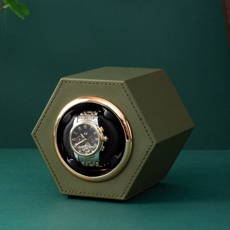 Fashion, accesorii si bijuterii - Barbati - Bijuterii barbati - Ceasuri barbati - Cutie intors ceas automat iUni, Watch Winder, Piele ecologica, Kaki - Infinity.ro