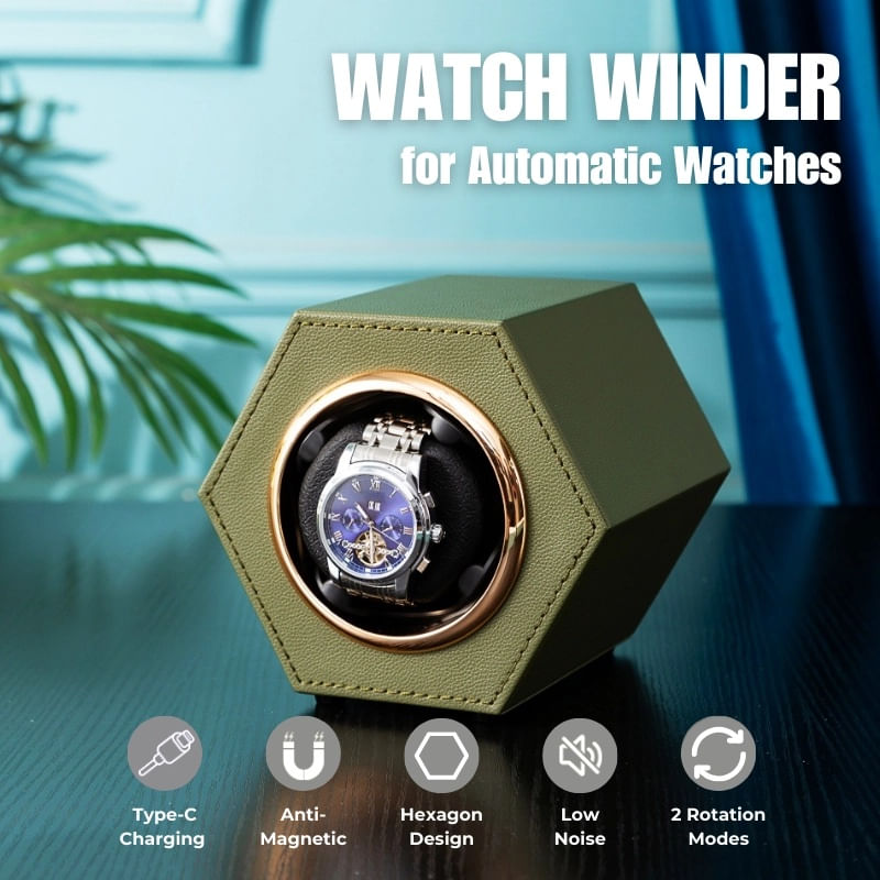 Fashion, accesorii si bijuterii - Barbati - Bijuterii barbati - Ceasuri barbati - Cutie intors ceas automat iUni, Watch Winder, Piele ecologica, Kaki - Infinity.ro