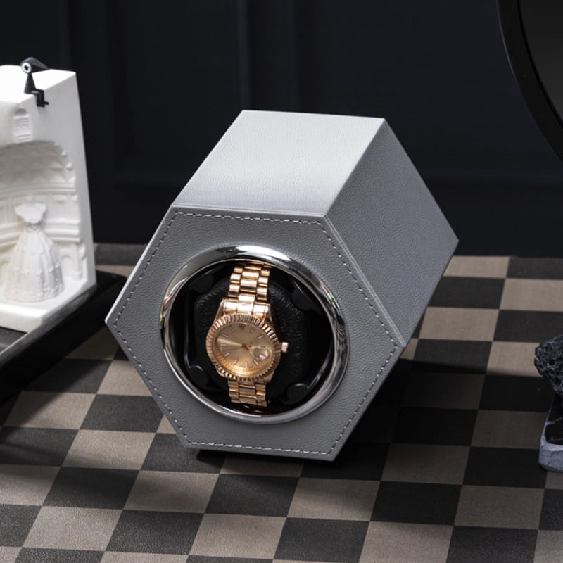 Fashion, accesorii si bijuterii - Barbati - Bijuterii barbati - Ceasuri barbati - Cutie intors ceas automat iUni, Watch Winder, Piele ecologica, Gri - Infinity.ro