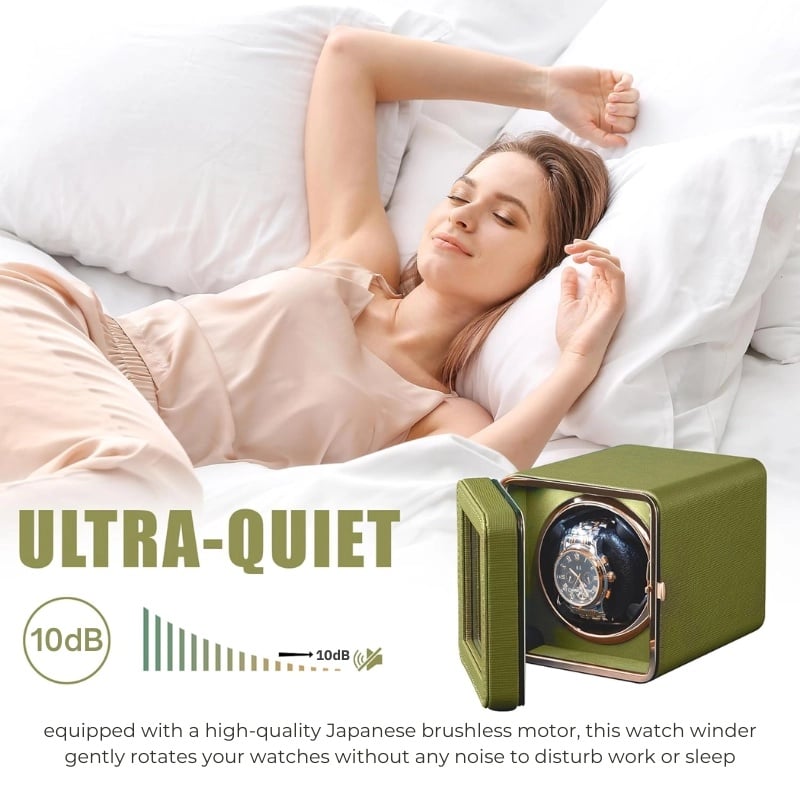 Fashion, accesorii si bijuterii - Barbati - Bijuterii barbati - Ceasuri barbati - Cutie intors ceas automatic iUni, Watch Winder, Piele ecologica, Verde Kaki - Infinity.ro