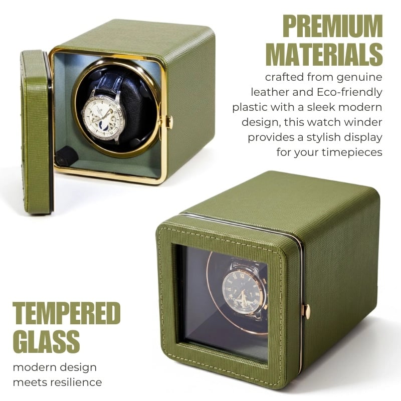 Fashion, accesorii si bijuterii - Barbati - Bijuterii barbati - Ceasuri barbati - Cutie intors ceas automatic iUni, Watch Winder, Piele ecologica, Verde Kaki - Infinity.ro