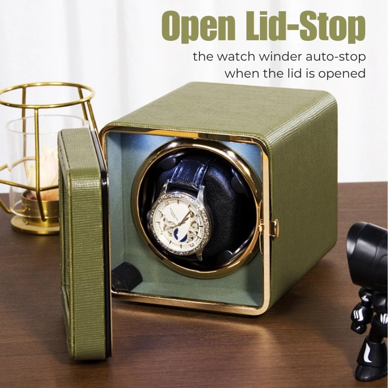 Fashion, accesorii si bijuterii - Barbati - Bijuterii barbati - Ceasuri barbati - Cutie intors ceas automatic iUni, Watch Winder, Piele ecologica, Verde Kaki - Infinity.ro