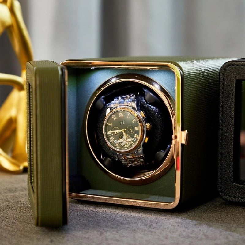 Fashion, accesorii si bijuterii - Barbati - Bijuterii barbati - Ceasuri barbati - Cutie intors ceas automatic iUni, Watch Winder, Piele ecologica, Verde Kaki - Infinity.ro