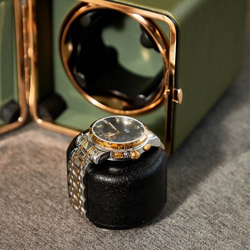 Fashion, accesorii si bijuterii - Barbati - Bijuterii barbati - Ceasuri barbati - Cutie intors ceas automatic iUni, Watch Winder, Piele ecologica, Verde Kaki - Infinity.ro