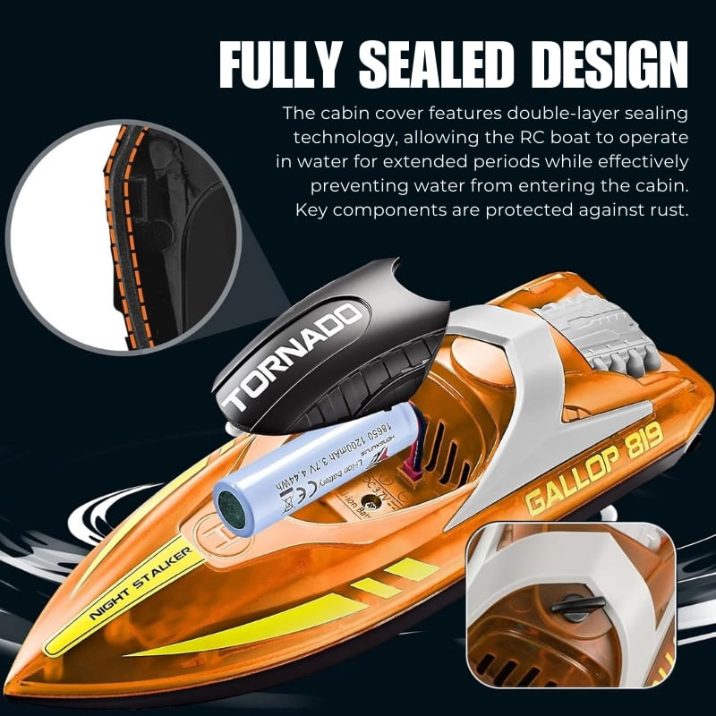 Jucarii, Copii si Bebe - Jucarii si jocuri - Vehicule si jucarii cu telecomanda - Barci cu telecomanda - Barca cu telecomanda iUni HJ819, RC High-Speed Boat, Viteza 15 km/h, 2.4GHz, Portocaliu - Infinity.ro