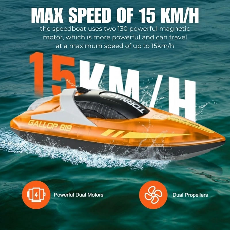 Jucarii, Copii si Bebe - Jucarii si jocuri - Vehicule si jucarii cu telecomanda - Barci cu telecomanda - Barca cu telecomanda iUni HJ819, RC High-Speed Boat, Viteza 15 km/h, 2.4GHz, Portocaliu - Infinity.ro