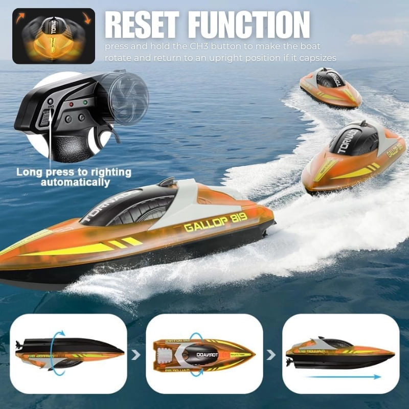 Jucarii, Copii si Bebe - Jucarii si jocuri - Vehicule si jucarii cu telecomanda - Barci cu telecomanda - Barca cu telecomanda iUni HJ819, RC High-Speed Boat, Viteza 15 km/h, 2.4GHz, Portocaliu - Infinity.ro